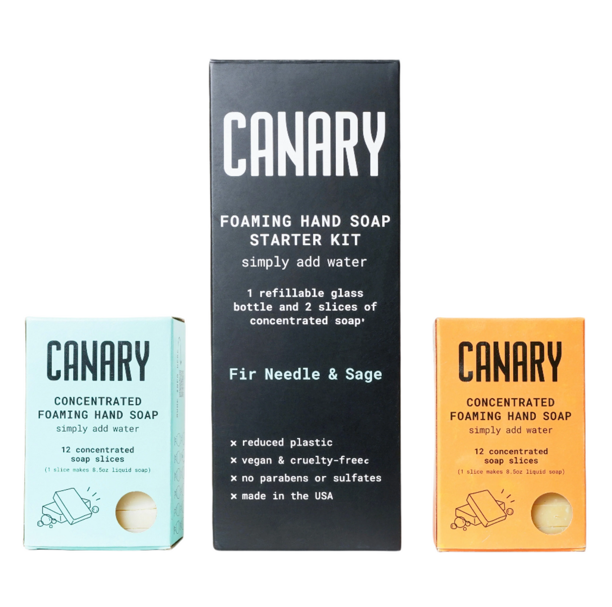 Canary foaming hand soap starter kit with packaging on a white background
