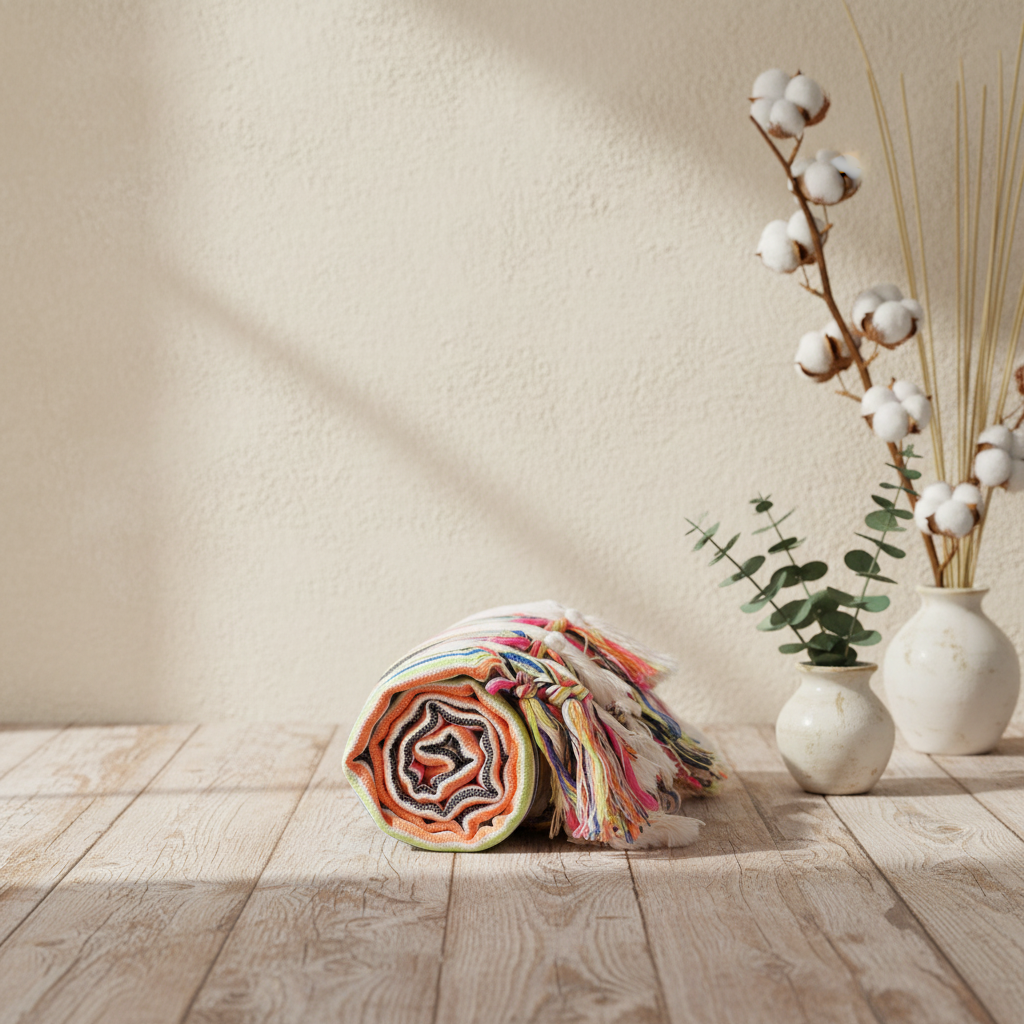 Colorful woven mat on a wooden floor with decorative plants against a beige wall.