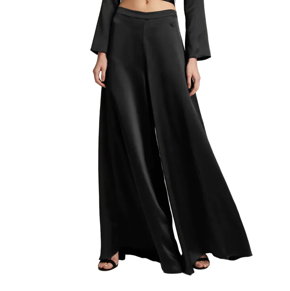 Black wide-leg pants worn by a person on a plain background
