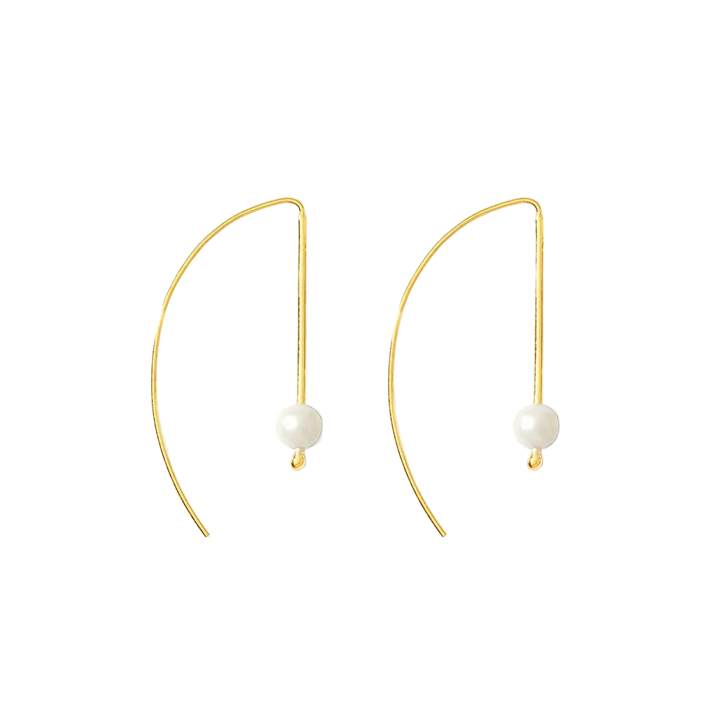 Gold earrings with pearl drops on a white background