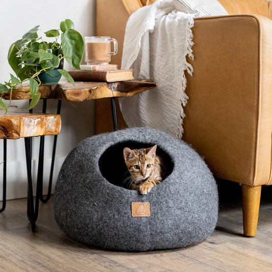 Premium Felted Wool Cat Cave Bed - Stone Gray