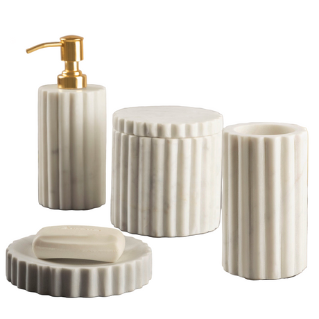 Set of beige bathroom accessories including a dispenser, container, and cup on a white background
