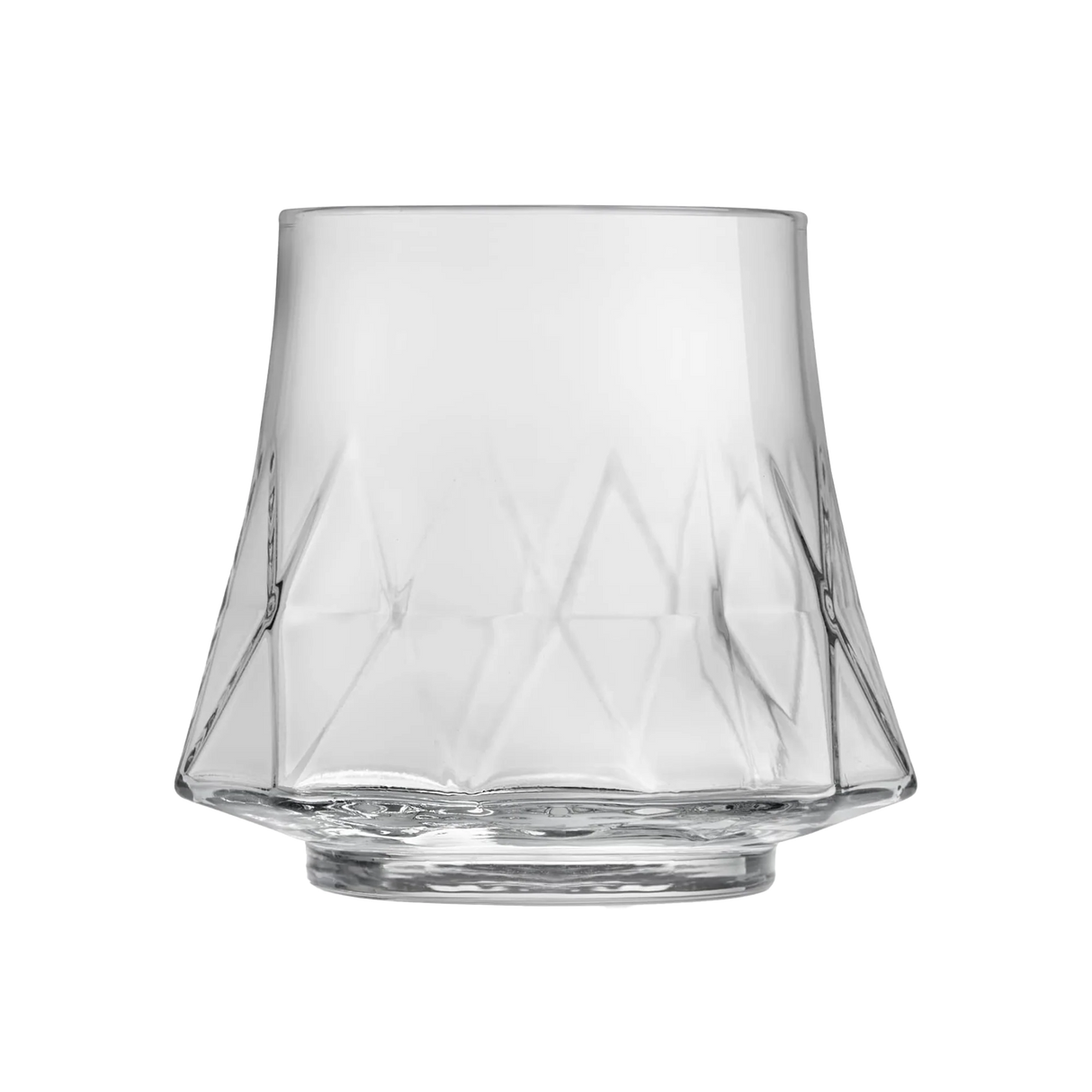 The Libbey Rock Glass Water Glass, Divergence, holds approx. 9.8 fl oz (290 ml) and features a wide faceted base with a slightly flared geometric design, crafted from durable clear glass.
