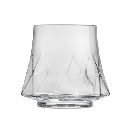 The Libbey Rock Glass Water Glass, Divergence, holds approx. 9.8 fl oz (290 ml) and features a wide faceted base with a slightly flared geometric design, crafted from durable clear glass.