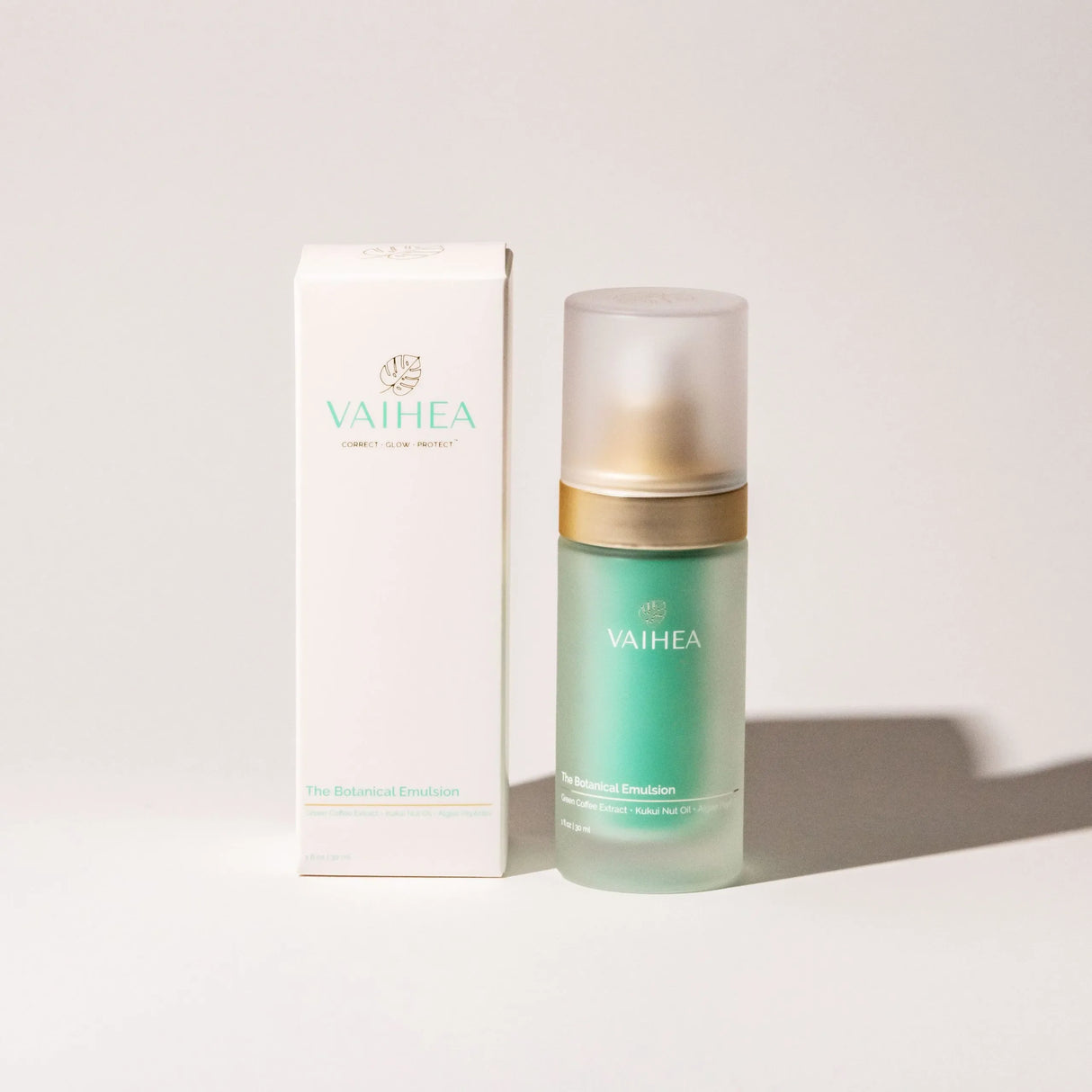 Vaihea skincare serum bottle and packaging on a light background