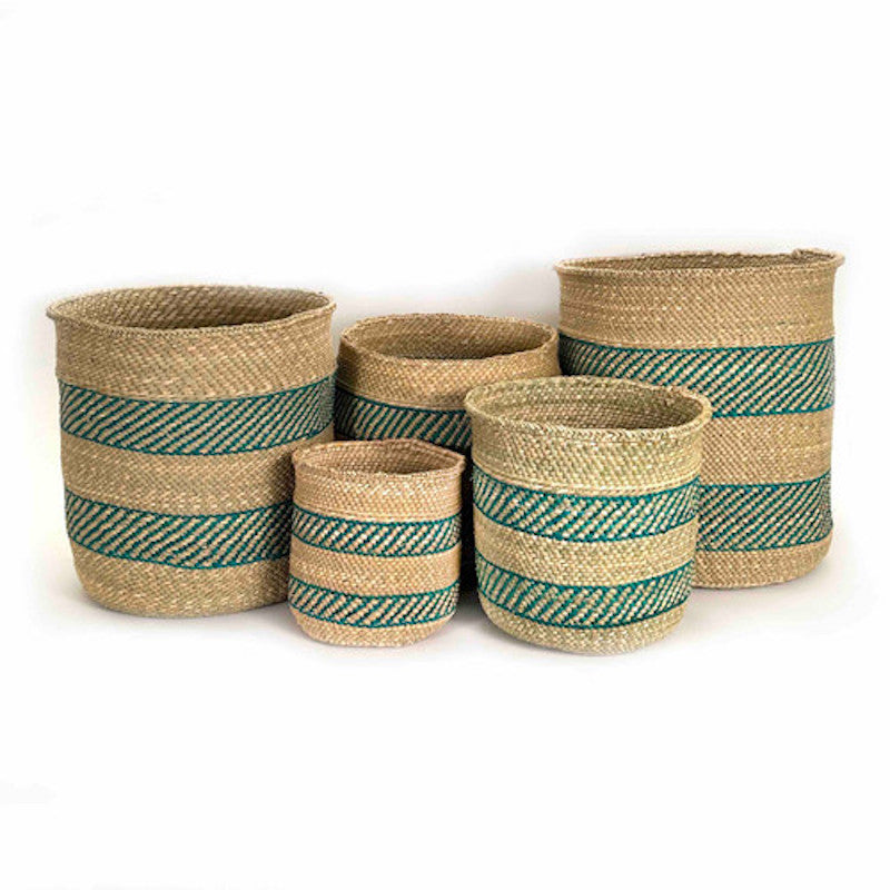 Iringa Basket - Turquoise Stripe | Woven Milulu Grass - Africa - Sumiye Co