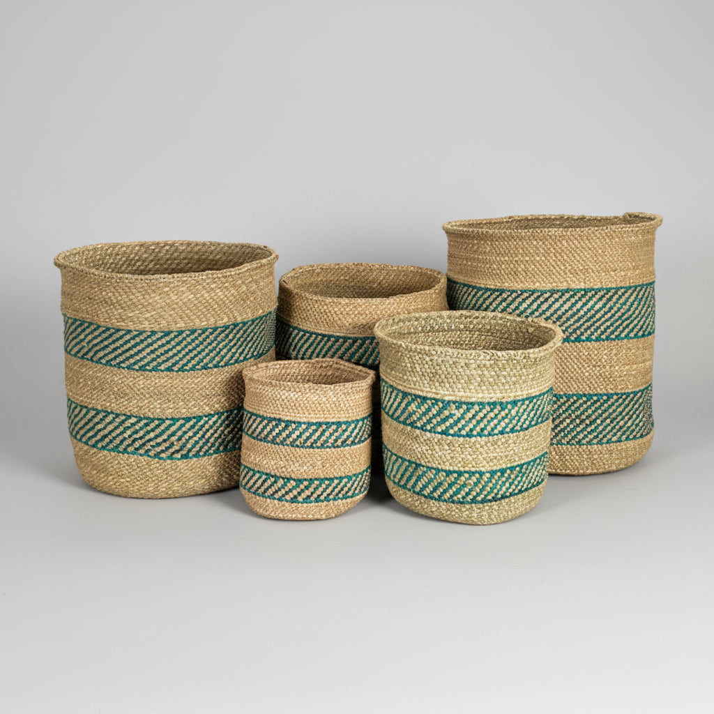 Iringa Basket - Turquoise Stripe | Woven Milulu Grass - Africa - Sumiye Co