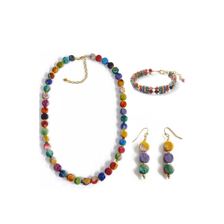 Colorful beaded necklace, bracelet, and earrings on a white background