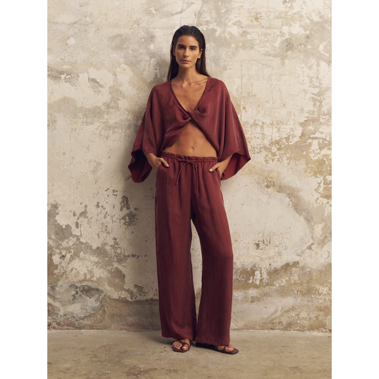 Lucid Flow Tie Pants - Burgundy - Sumiye Co