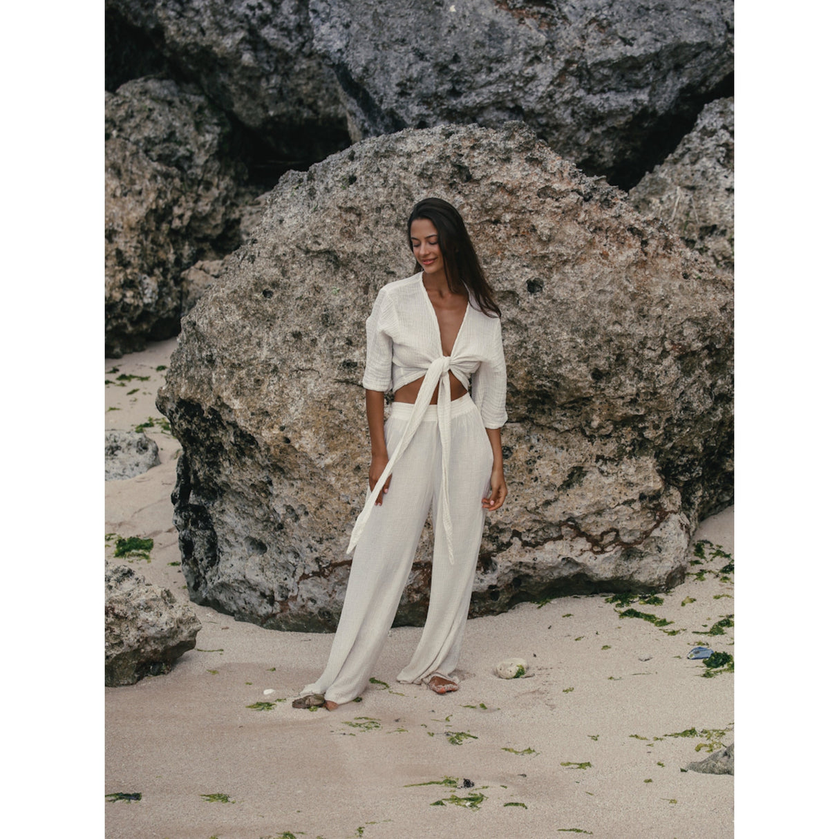 Skye Palazzo Pants - Natural With Gold Stripes - Sumiye Co