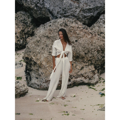 Skye Palazzo Pants - Natural With Gold Stripes - Sumiye Co