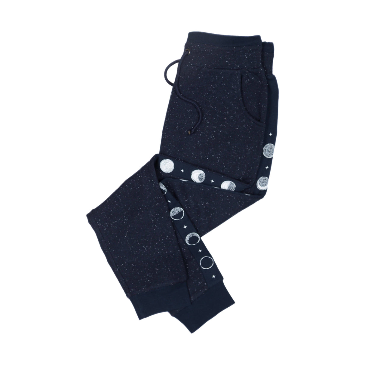 Dark blue baby leggings with white moon phases on a white background