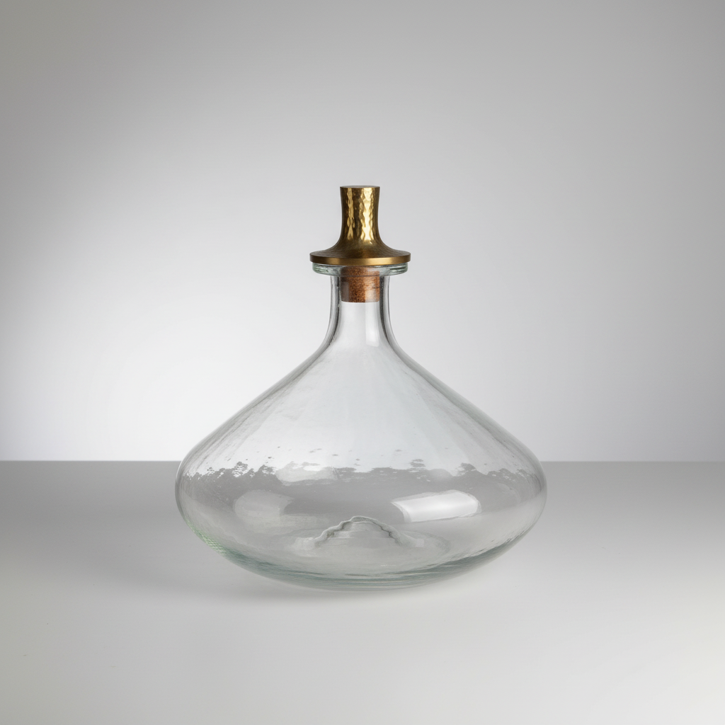 Clear glass decanter with a metallic top on a white background
