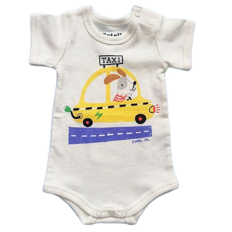 Baby onesie with a cartoon taxi and dog design on a white background