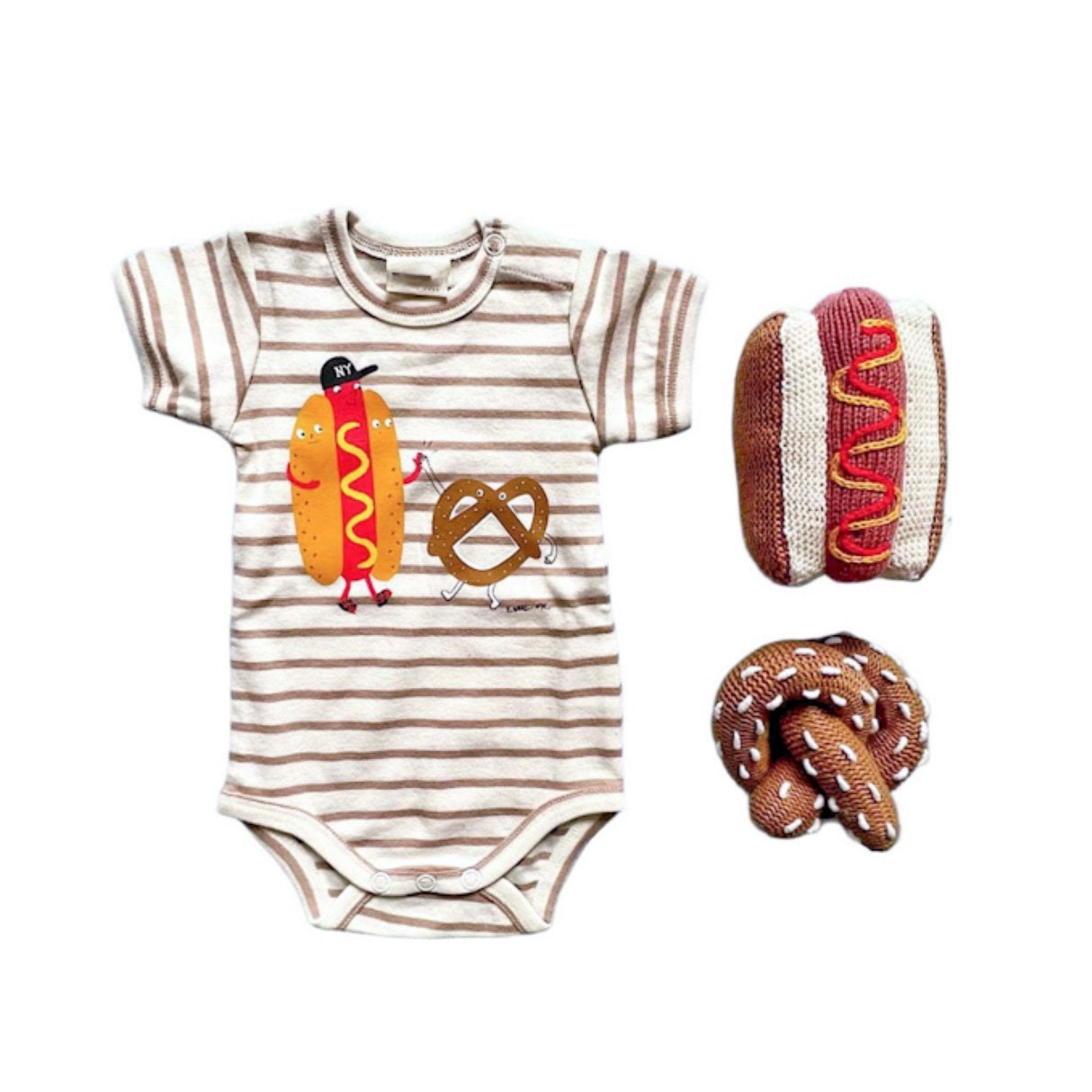 Striped baby onesie with hot dog and pretzel design, accompanied by a matching headband and booties on a white background.