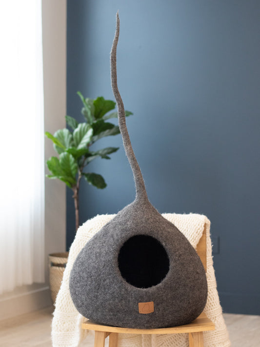 Deluxe Handcrafted Felt Cat Cave With Tail - Stone Gray