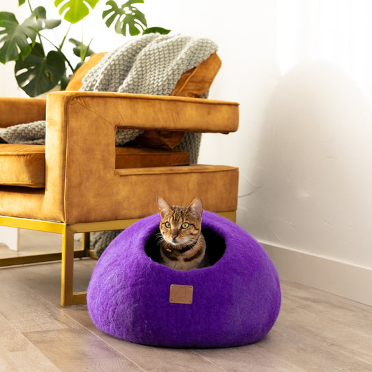 Premium Felted Wool Cat Cave Bed - Plum Purple
