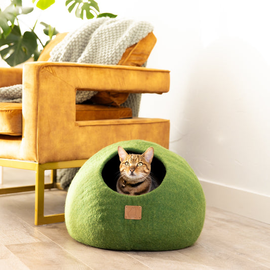 Premium Felted Wool Cat Cave Bed - Forest Green