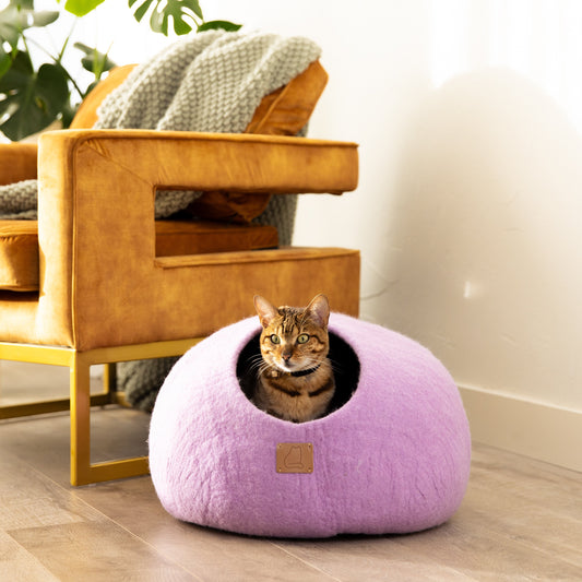Premium Felted Wool Cat Cave Bed - Lilac Purple