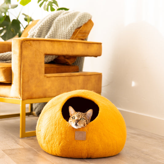 Premium Felted Wool Cat Cave Bed - Fire Orange