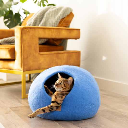 Premium Felted Wool Cat Cave Bed - Sky Blue