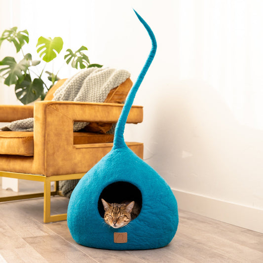 Deluxe Handcrafted Felt Cat Cave With Tail - Ocean Blue