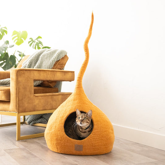 Deluxe Handcrafted Felt Cat Cave With Tail - Fire Orange