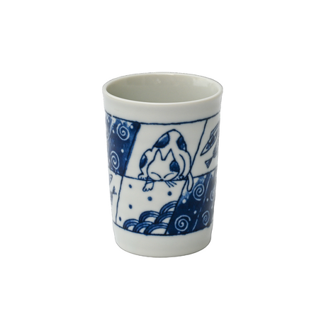 This exquisite blue and white ceramic cup, the Adorable Cat 1 Tea Cup, is a fine example of Mino-ware, showcasing a charming cat design set against a striking black background.
