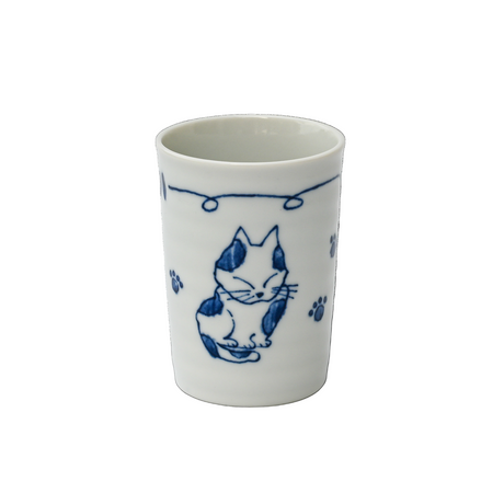 The Adorable Cat 3 Tea Cup is a white Mino-ware ceramic cup featuring blue cat illustrations and paw prints on a black background, reminiscent of Gifu Prefecture's traditional style. It holds 180ml (6oz.).