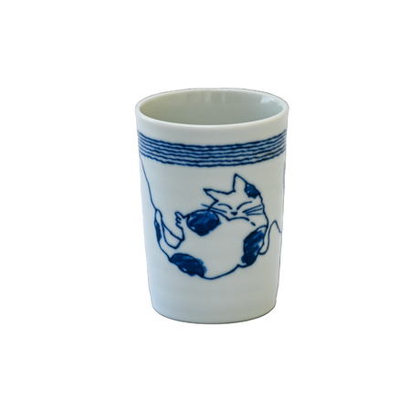 The Adorable Cat 5 Tea Cup is a blue and white Mino-ware piece, holding 180ml (6oz.), with a serene sleeping cat and blue stripes on a black background, crafted in Gifu Prefecture.