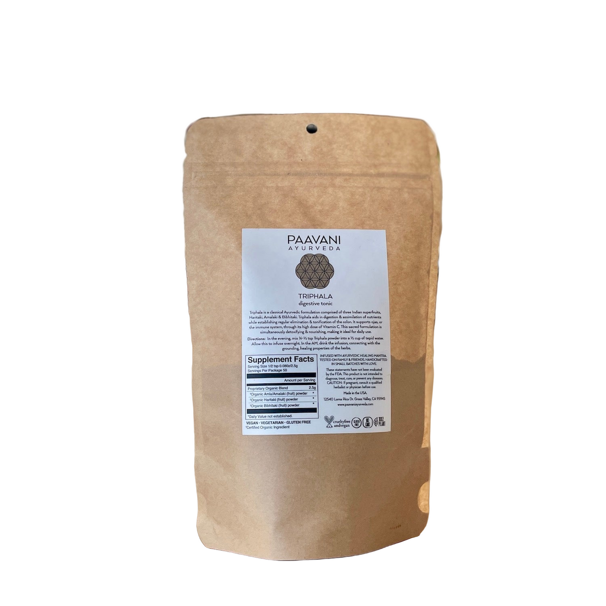 Brown paper bag and jar with 'Paavani Ayurveda' label on a white background
