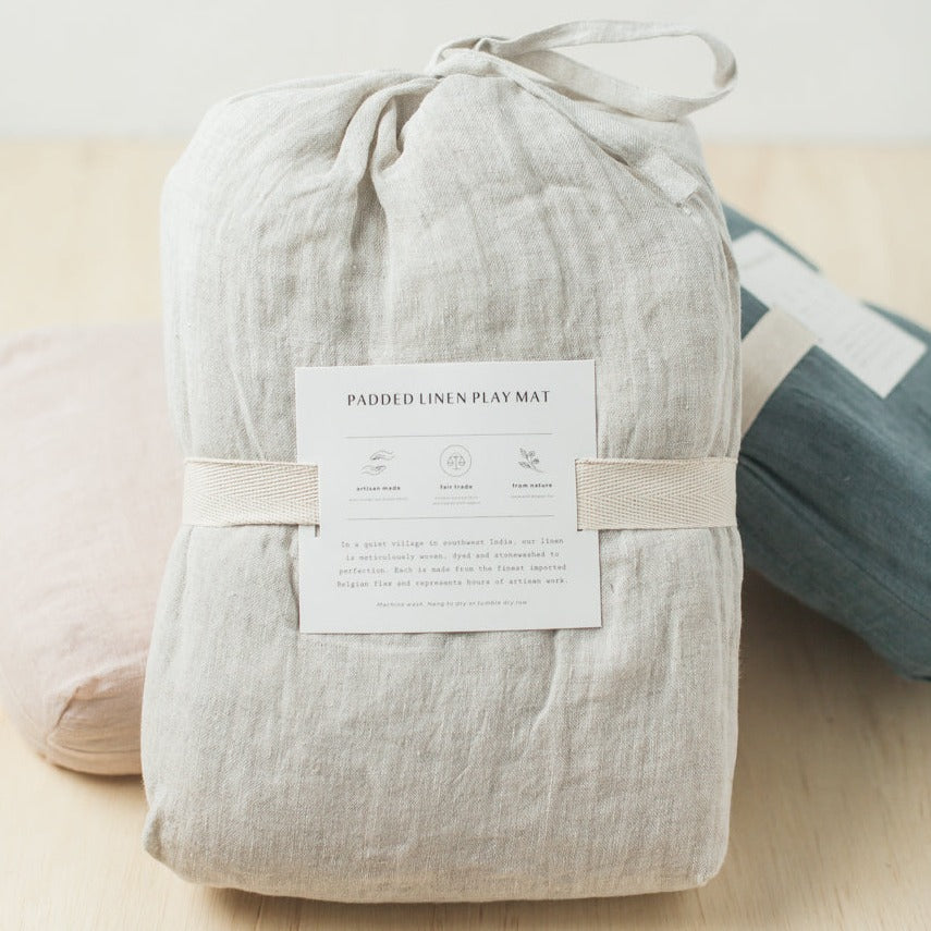 Quilted Round Padded Linen Play Mat 35" D - Natural Chambray - Sumiye Co