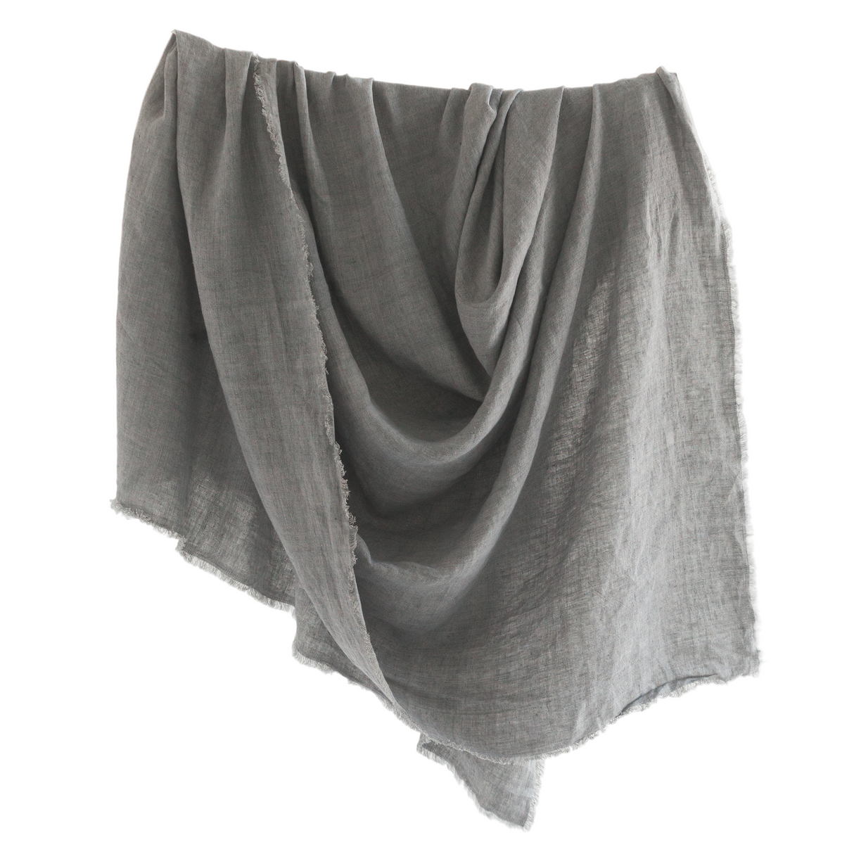 Gray throw blanket draped over a white background