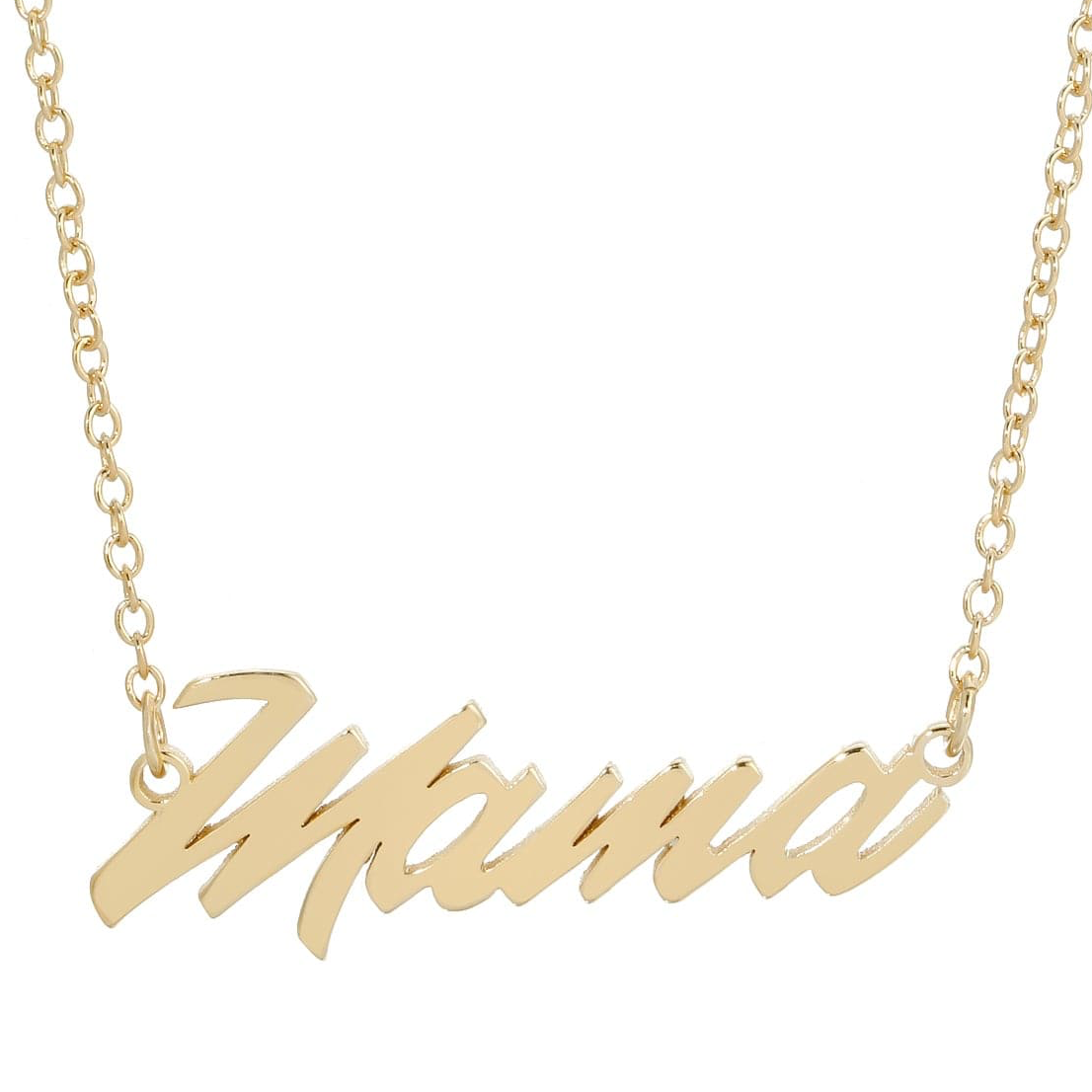 Gold necklace with 'Mama' pendant on a white background