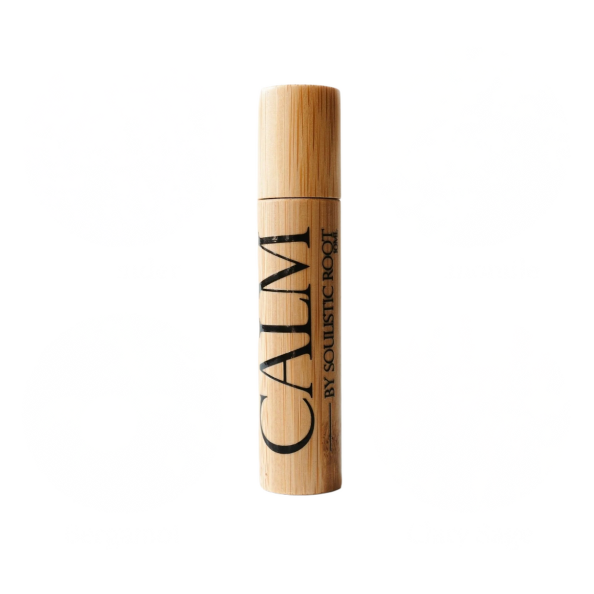 Wooden roller bottle labeled 'CALM' on a white background