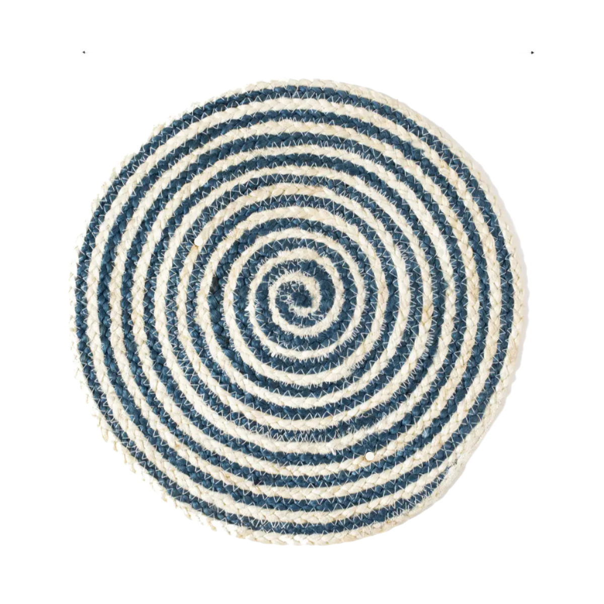 Round blue and white striped placemat with dimensions on a white background
