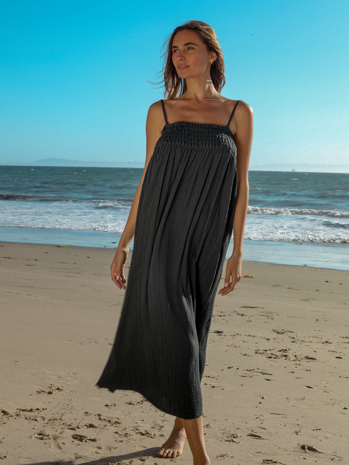 Kaya Smocked Maxi Dress - Charcoal - Sumiye Co