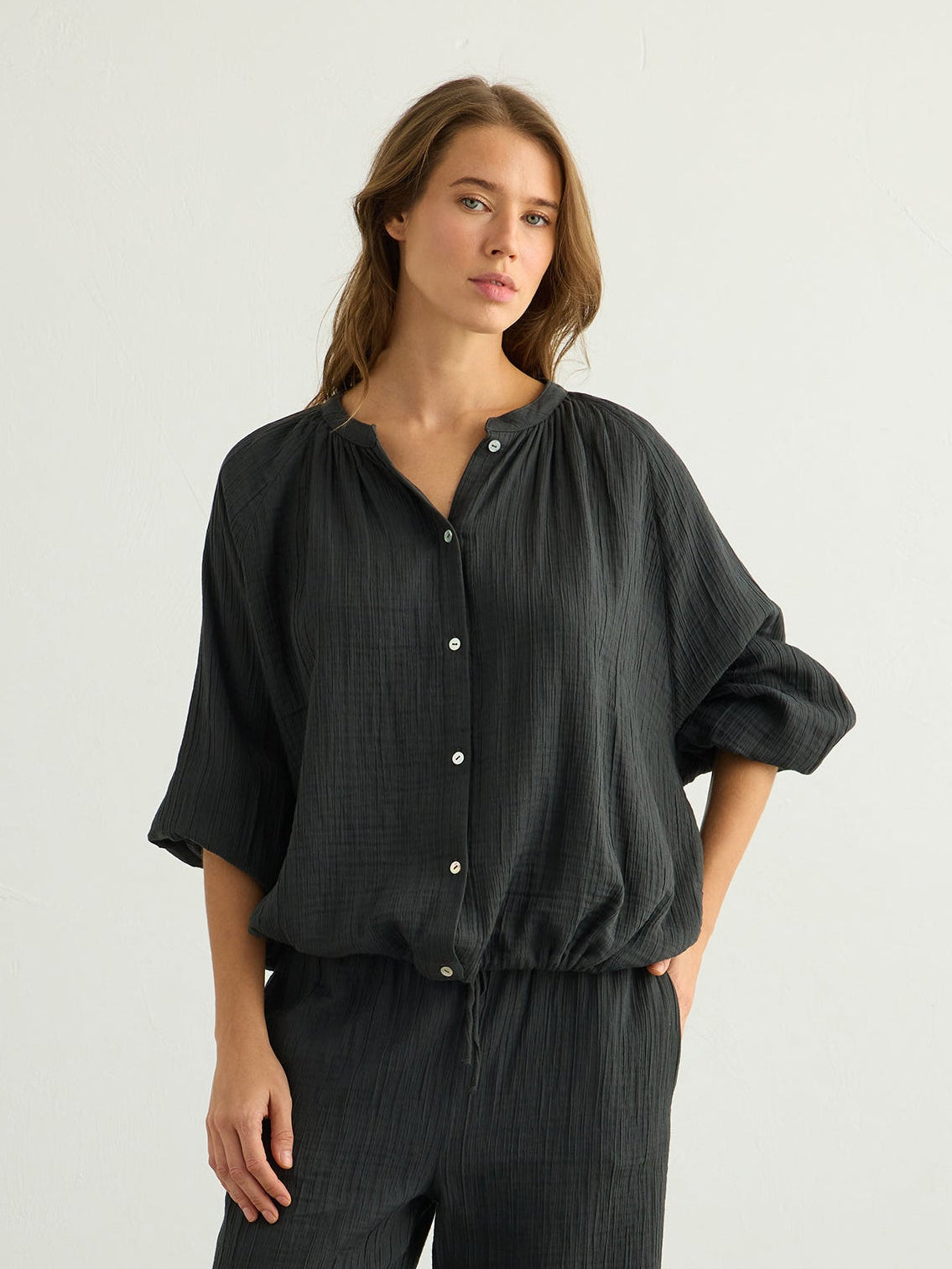 Kaya Buttoned Blouse - Charcoal - Sumiye Co