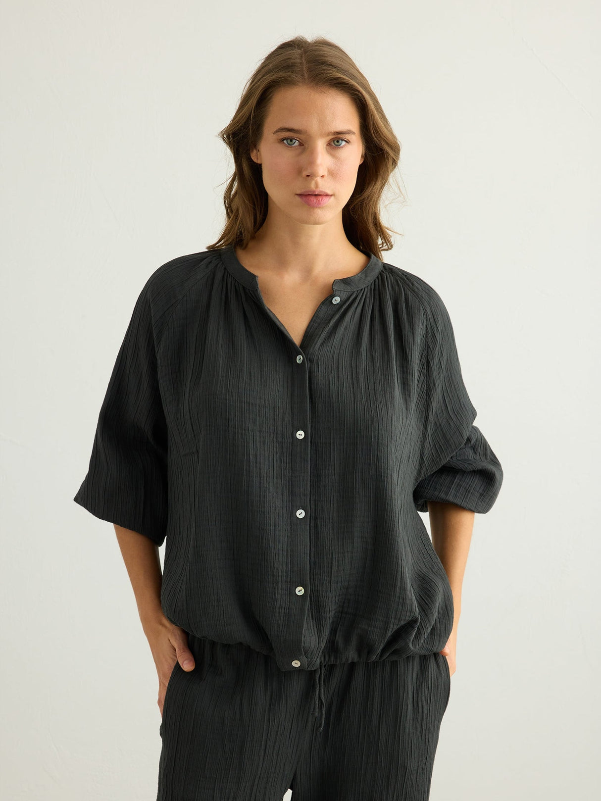 Kaya Buttoned Blouse - Charcoal - Sumiye Co