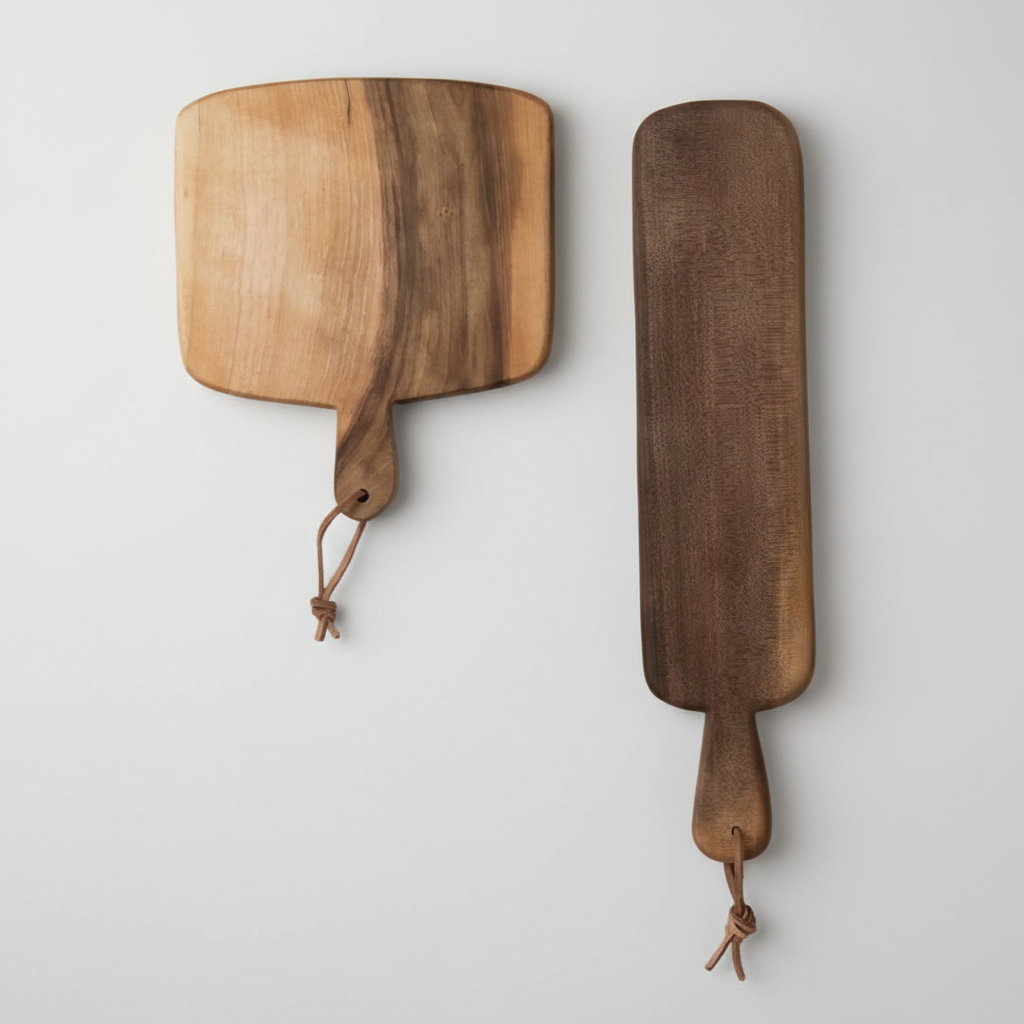 Set of four wooden cutting boards with handles on a white background