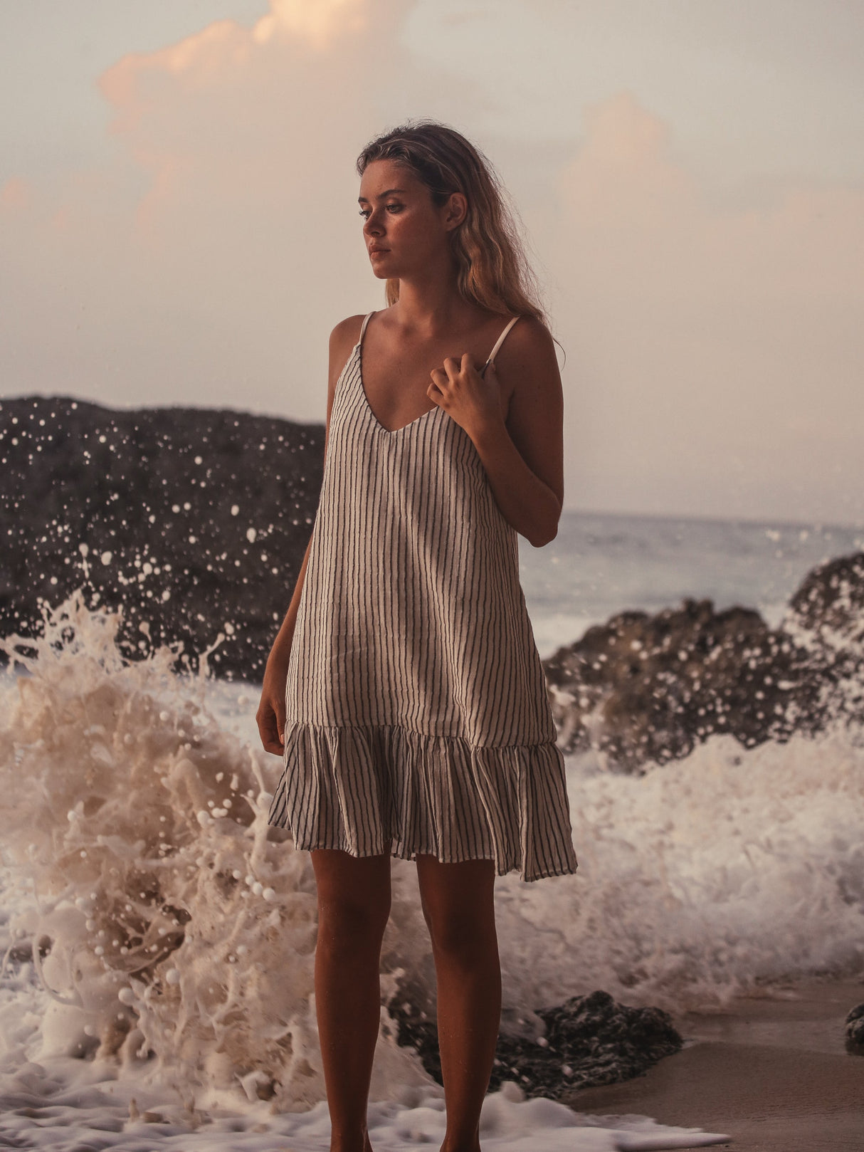 Liv Mini Ruffle Dress - Black Stripes - Sumiye Co