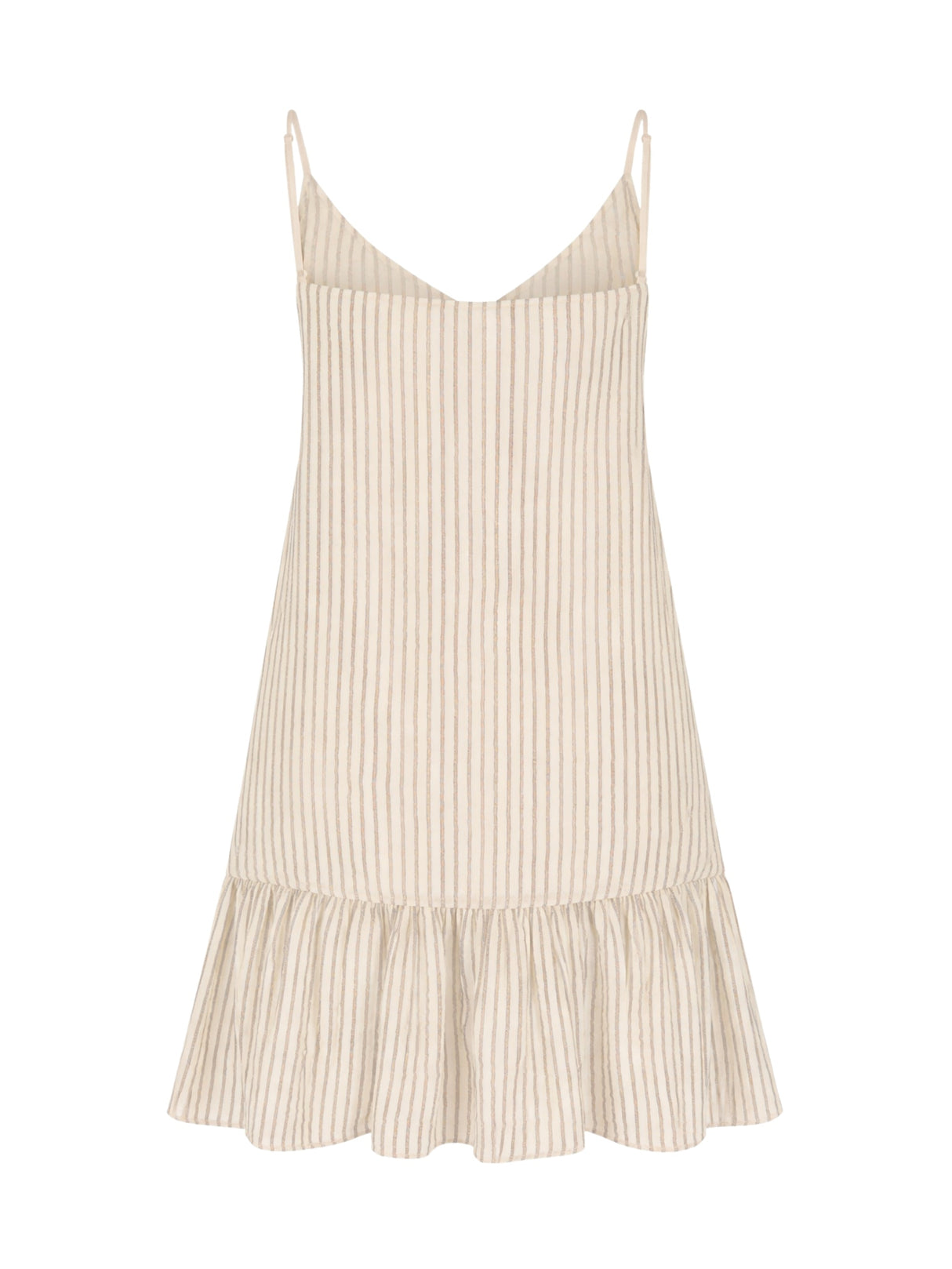 Beige striped dress with ruffled hem on a white background