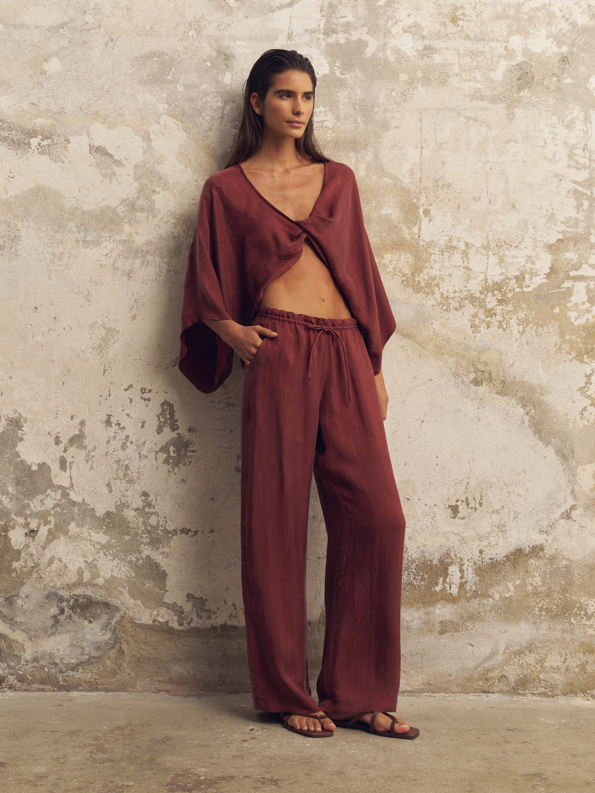 Lucid Flow Tie Pants - Burgundy - Sumiye Co