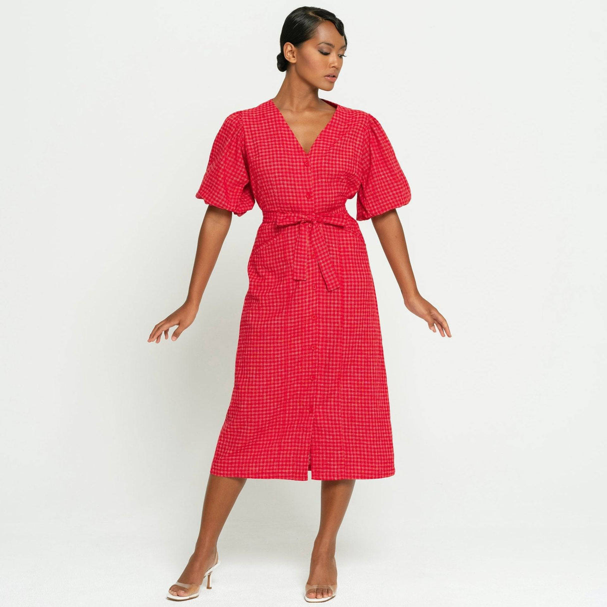 Scarlet Red Gingham Hemp Midi Dress - Sumiye Co