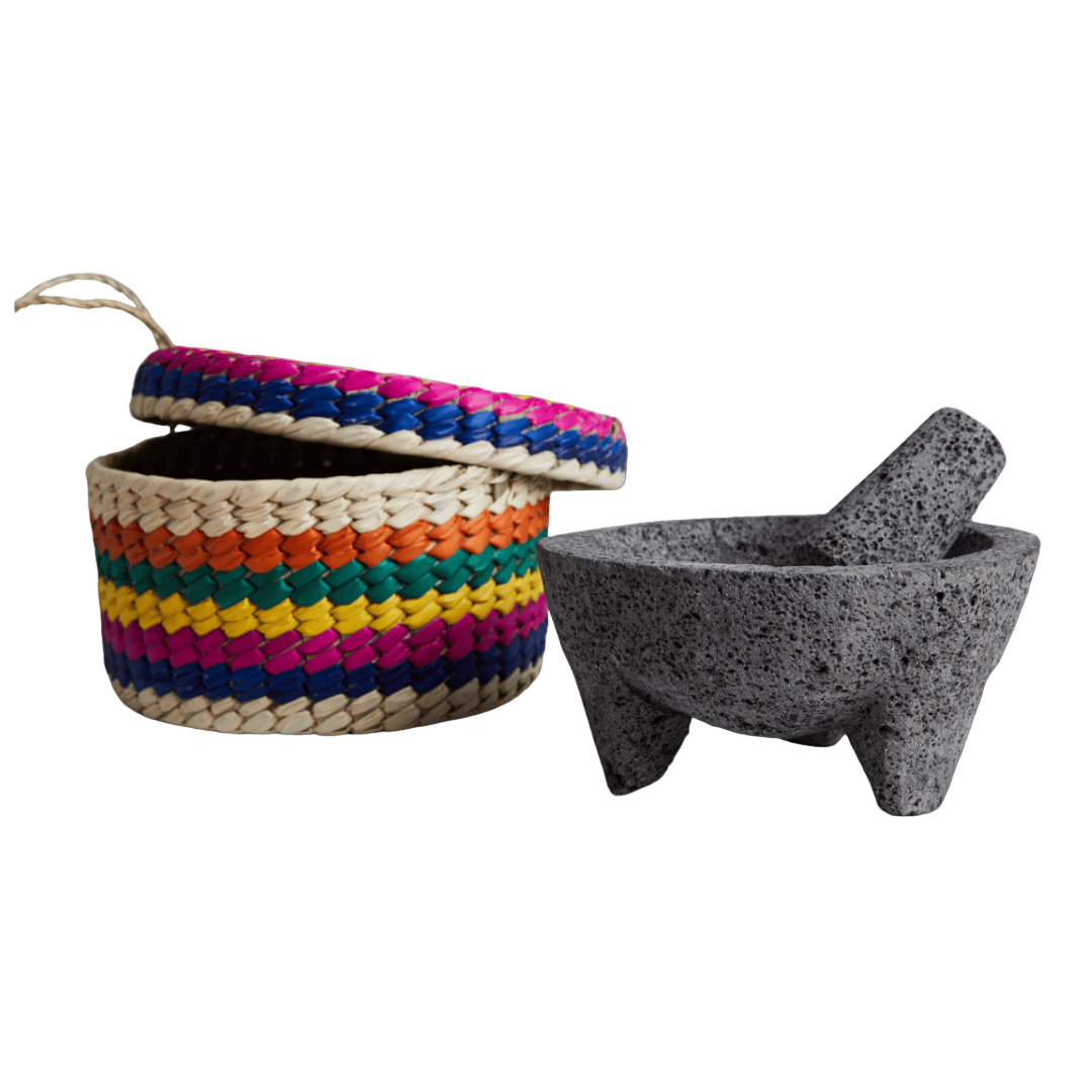 Authentic Volcanic Stone Molcajete with Tortilla Basket - Sumiye Co