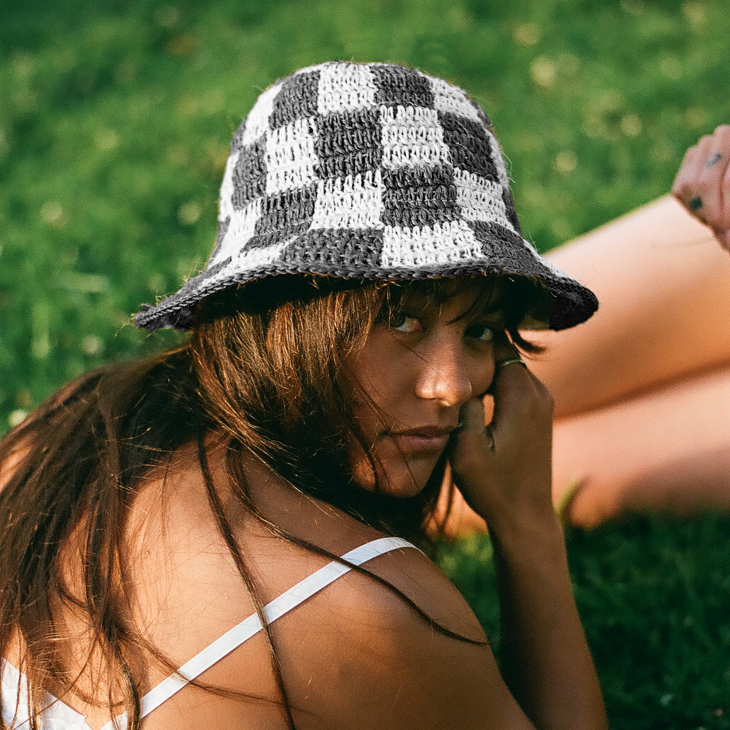 Black + White Bucket Hat - Crocheted Checkered - Sumiye Co