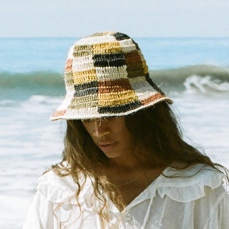Fall Bucket Hat - Crocheted Multicolor Checkered - Sumiye Co