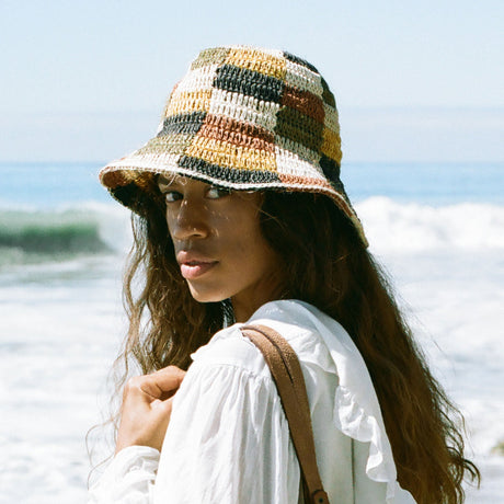 Fall Bucket Hat - Crocheted Multicolor Checkered - Sumiye Co