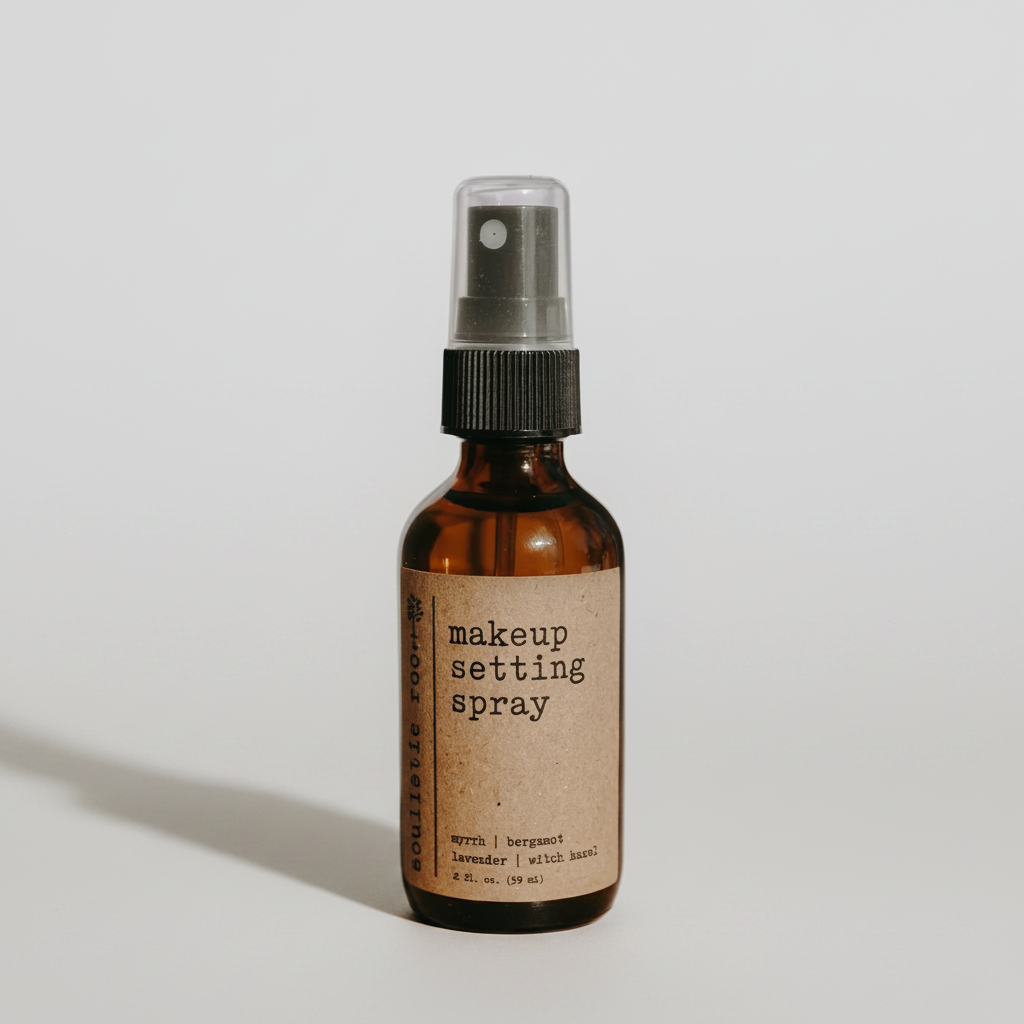 Makeup setting spray bottle with a brown label on a white background