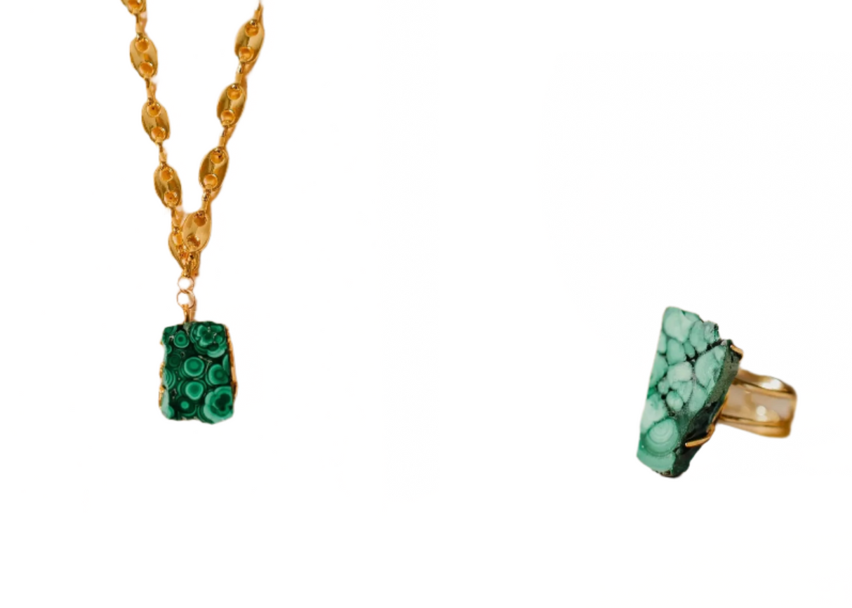 Malachite Necklace, Gold Crystal Set by Phoebe`s - Sumiye Co
